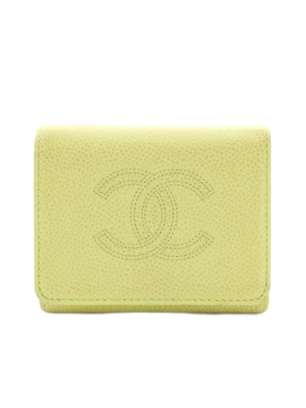 Chanel Small Flap Wallet Trifold Coin Purse Leather CC Logo Yellow Green